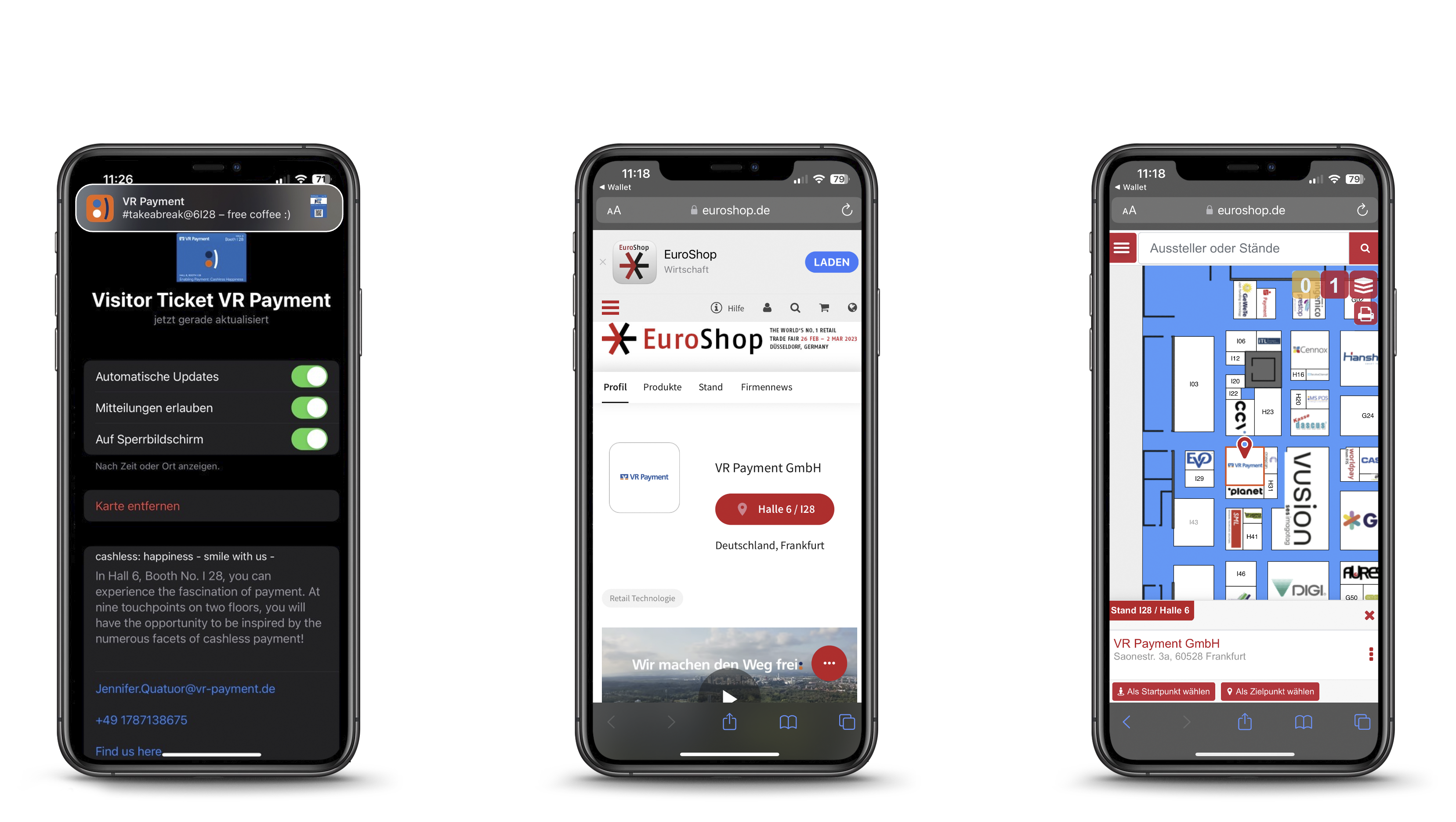Drei Smartphones zeigen die VR Payment-Ticketansicht, Ausstellerprofil auf euroshop.de und eine Hallenkarte mit Standposition.