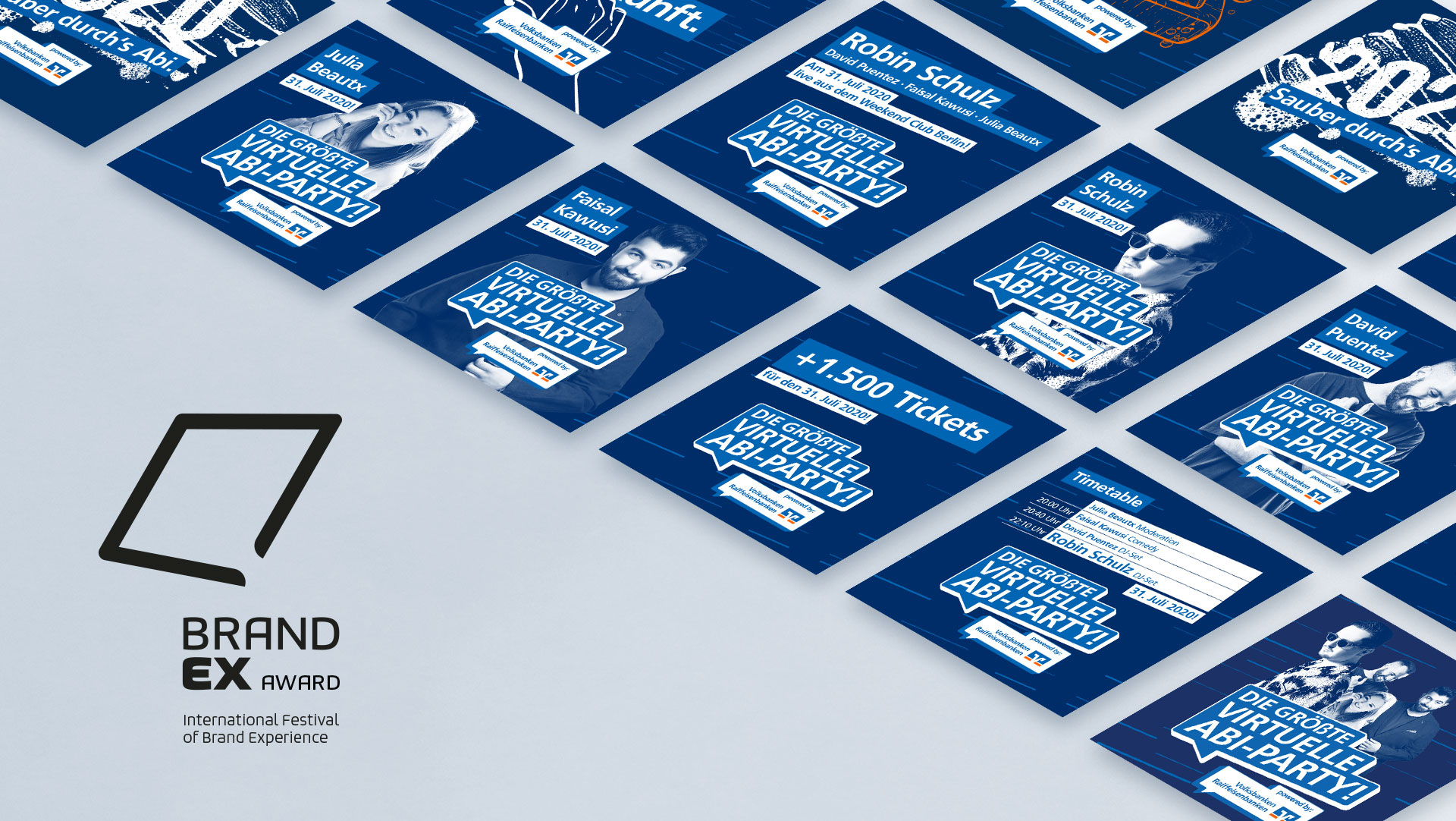 Gestaltung von Eventkarten zur „Größten virtuellen Abi-Party“ mit Künstlerfotos und Infos, daneben BrandEx Award-Logo.