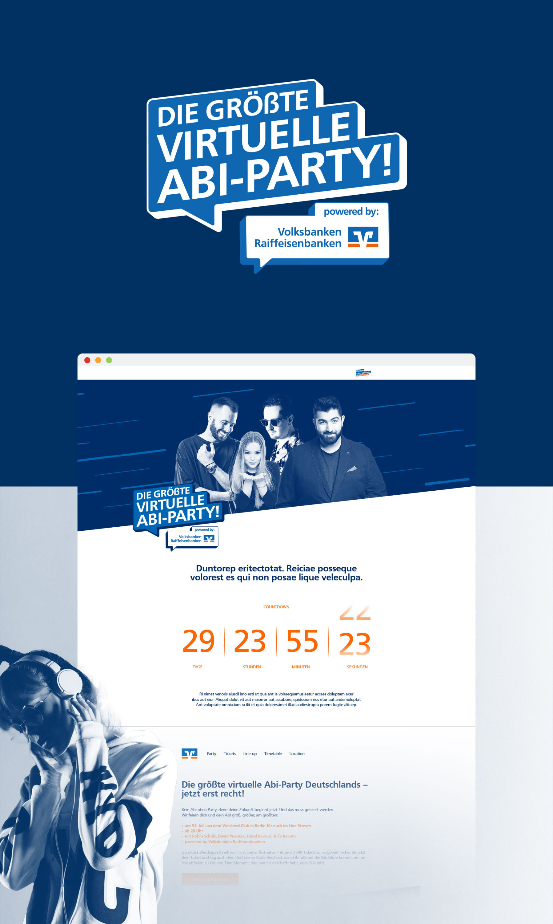 Werbegrafik zur größten virtuellen Abi-Party Deutschlands mit Countdown, Künstlerbildern und Logo der Volksbanken Raiffeisenbanken.