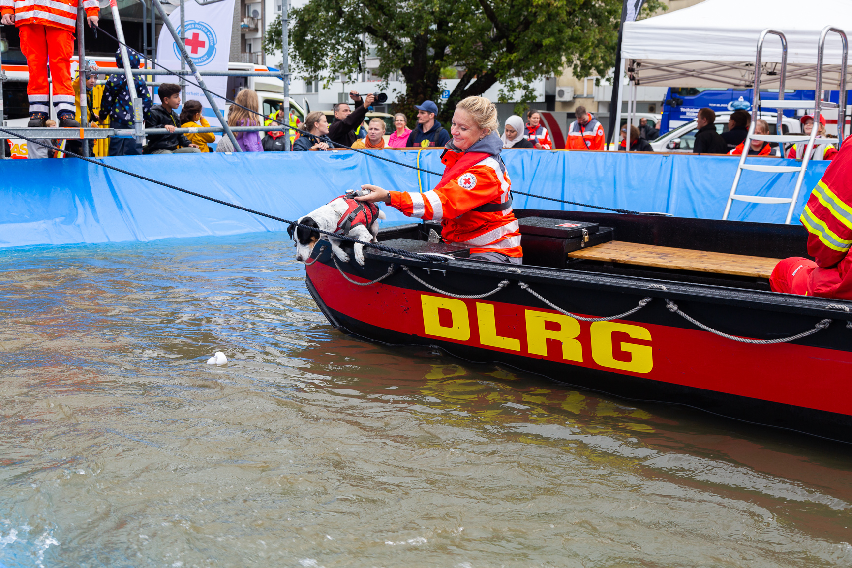 Eine DLRG-Rettungskräfterin sitzt mit einem Rettungshund in einem schwarzen Schlauchboot mit gelber Aufschrift „DLRG“ in einem Übungsbecken, während im Hintergrund weitere Einsatzkräfte und Zuschauer*innen die Vorführung beobachten.